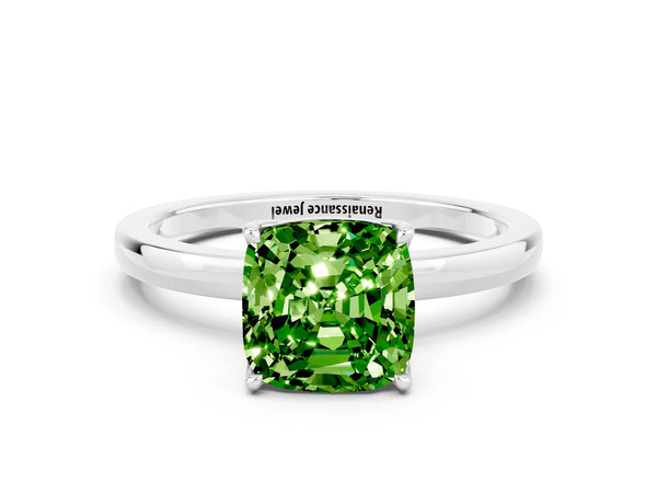 Platinum Cushion Cut Peridot Solitaire Ring with Thin Band and Prong Setting