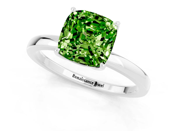 Platinum Cushion Cut Peridot Solitaire Ring with Thin Band and Prong Setting