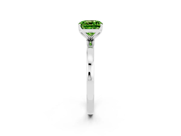 Silver Cushion Cut Peridot Solitaire Ring with Thin Band and Prong Setting
