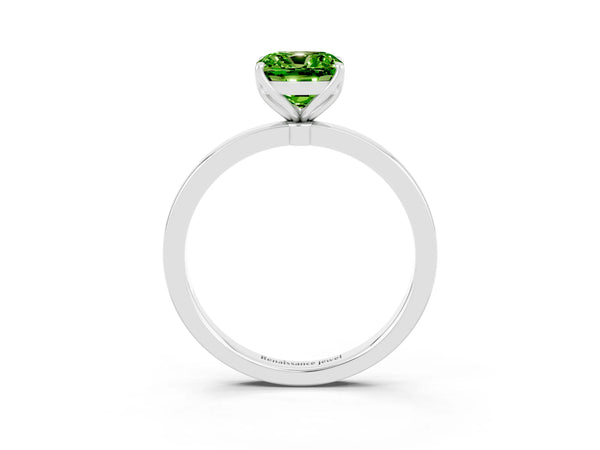Silver Cushion Cut Peridot Solitaire Ring with Thin Band and Prong Setting