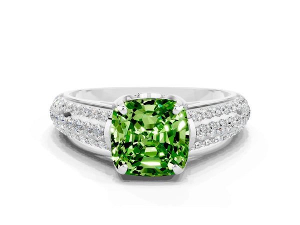 White gold Cushion Cut Peridot Solitaire Ring with Three-Row Pavé Band and Four-Prong Setting