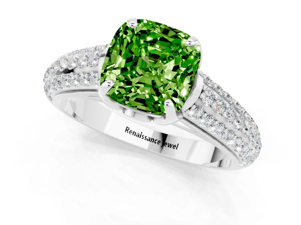 Silver Cushion Cut Peridot Solitaire Ring with Three-Row Pavé Band and Four-Prong Setting
