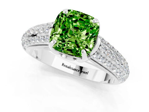 White gold Cushion Cut Peridot Solitaire Ring with Three-Row Pavé Band and Four-Prong Setting_13