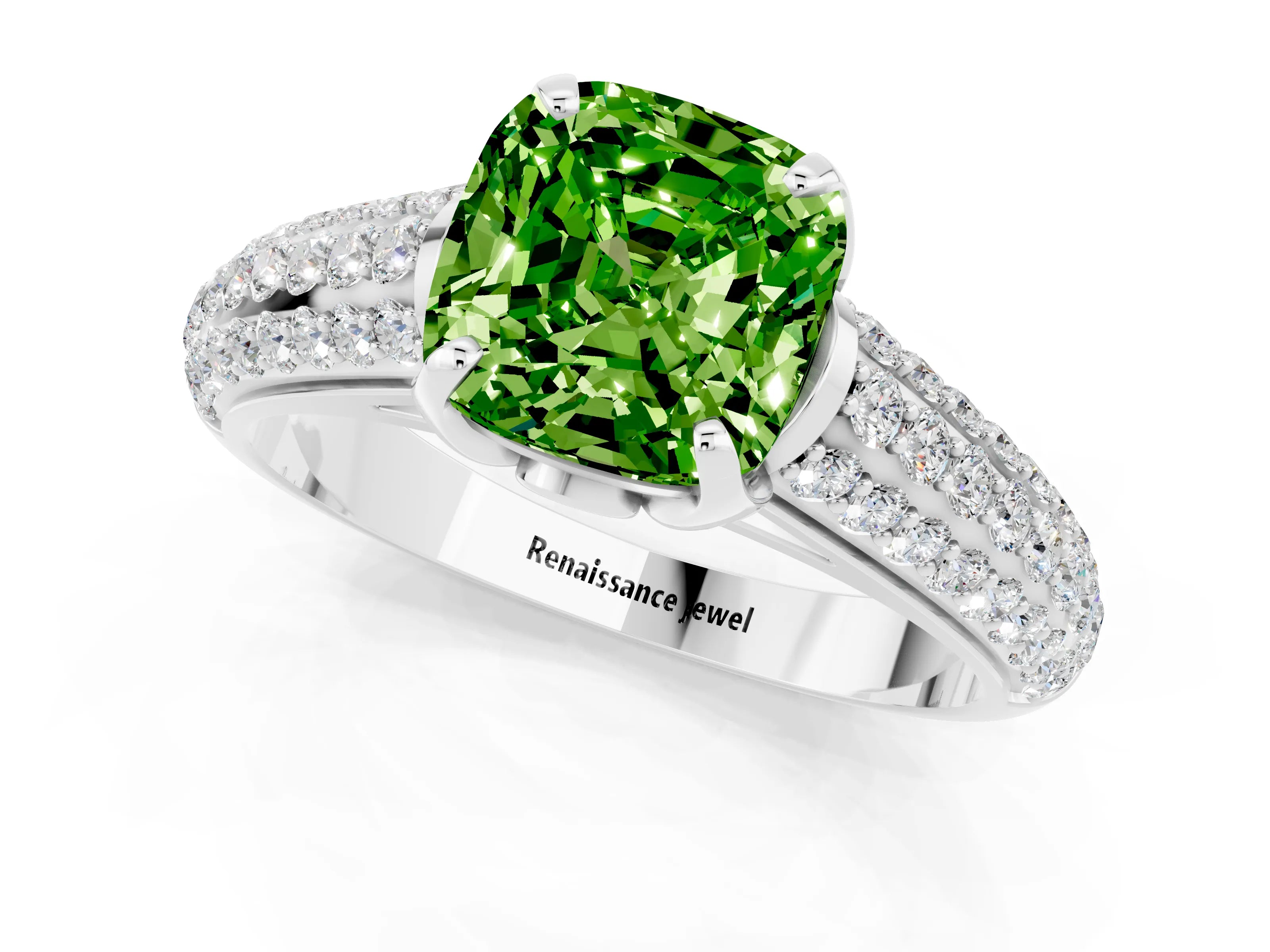 White gold Cushion Cut Peridot Solitaire Ring with Three-Row Pavé Band and Four-Prong Setting_13