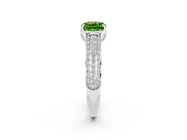 Platinum Cushion Cut Peridot Solitaire Ring with Three-Row Pavé Band and Four-Prong Setting