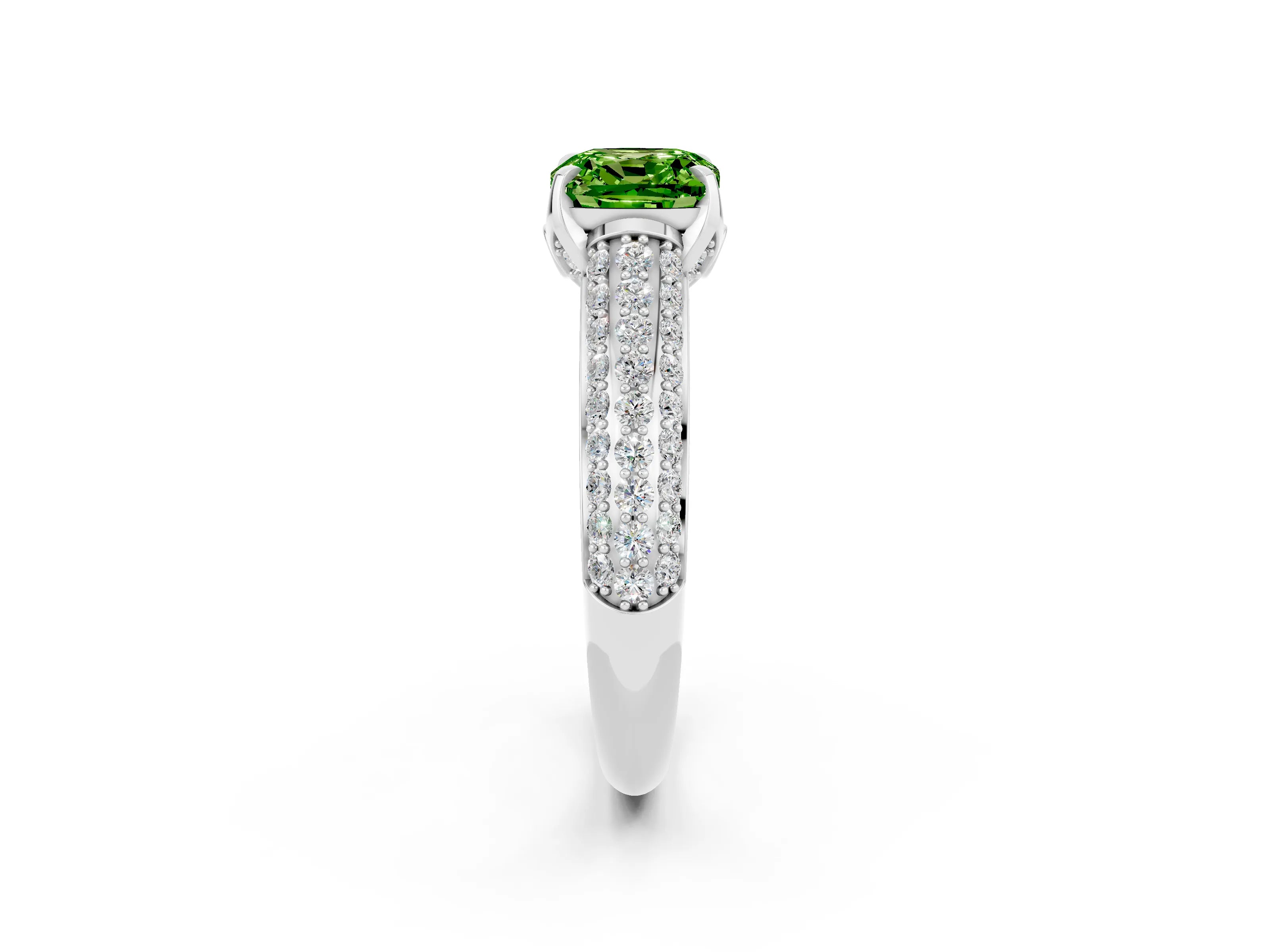 White gold Cushion Cut Peridot Solitaire Ring with Three-Row Pavé Band and Four-Prong Setting_14