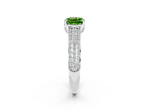 White gold Cushion Cut Peridot Solitaire Ring with Three-Row Pavé Band and Four-Prong Setting_14