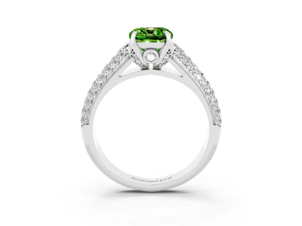 Platinum Cushion Cut Peridot Solitaire Ring with Three-Row Pavé Band and Four-Prong Setting