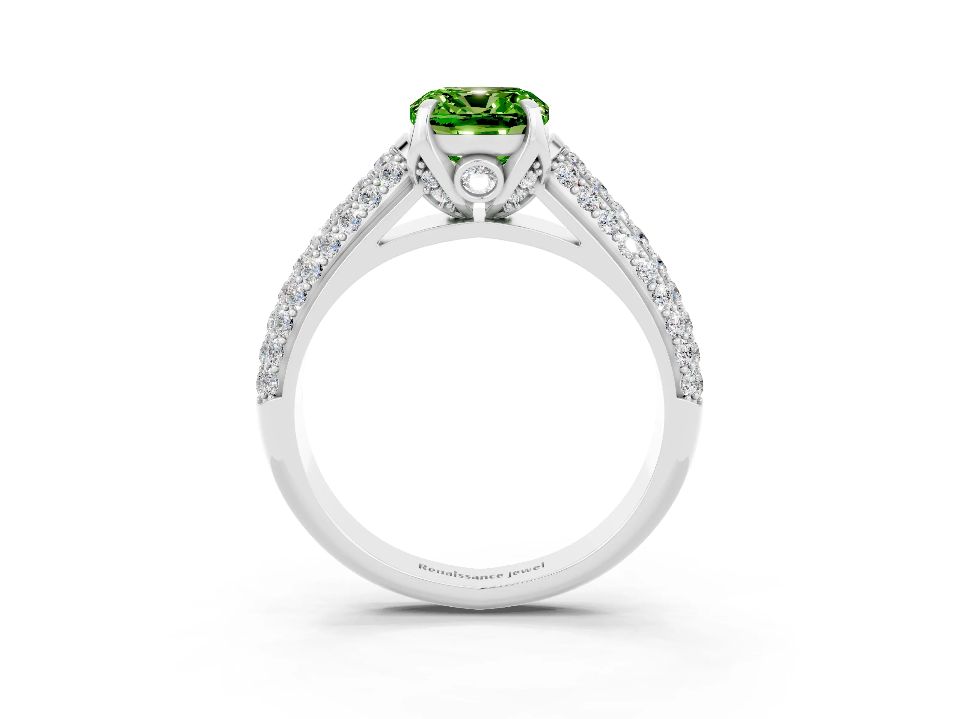 White gold Cushion Cut Peridot Solitaire Ring with Three-Row Pavé Band and Four-Prong Setting_15