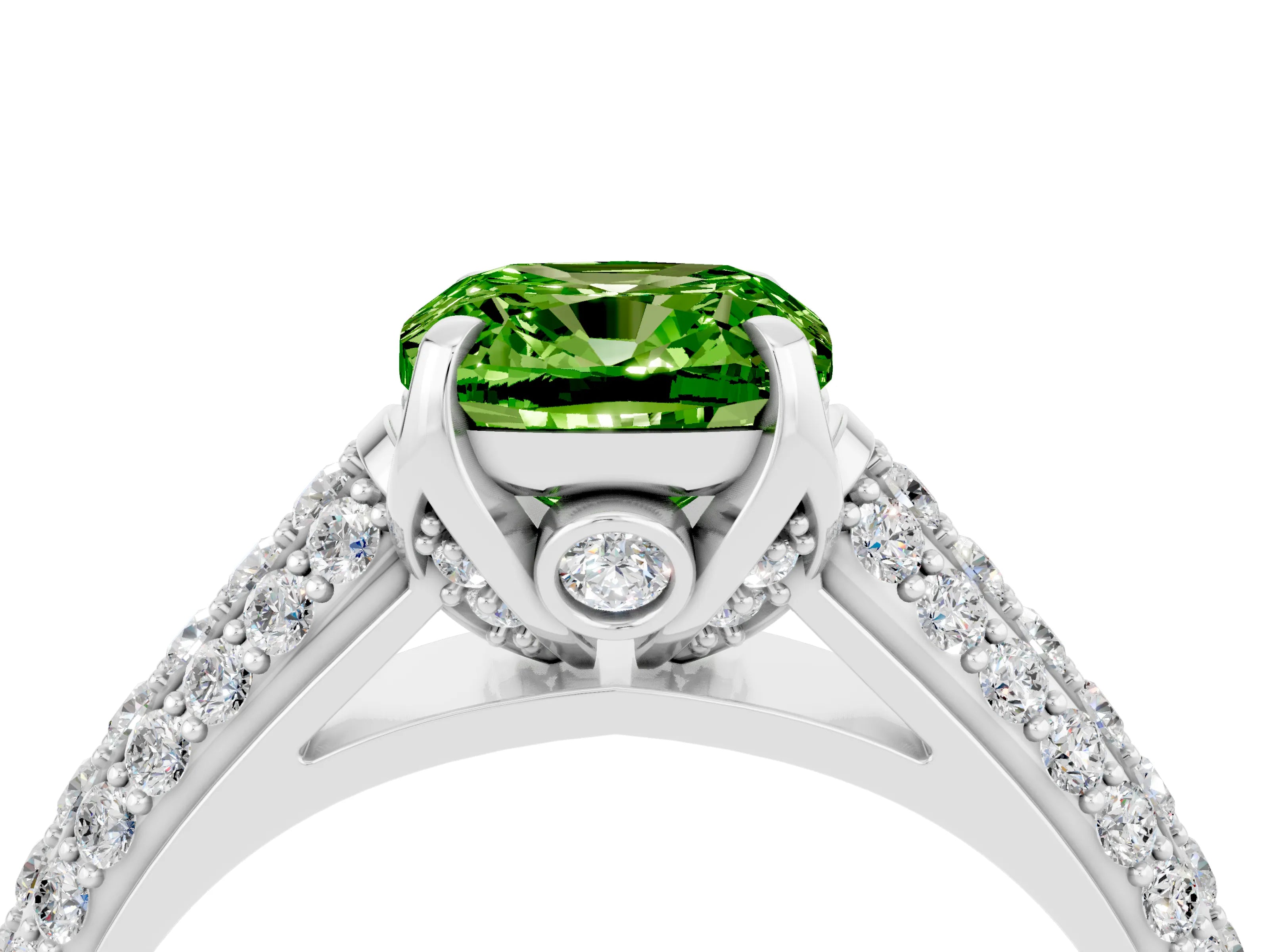 White gold Cushion Cut Peridot Solitaire Ring with Three-Row Pavé Band and Four-Prong Setting_16