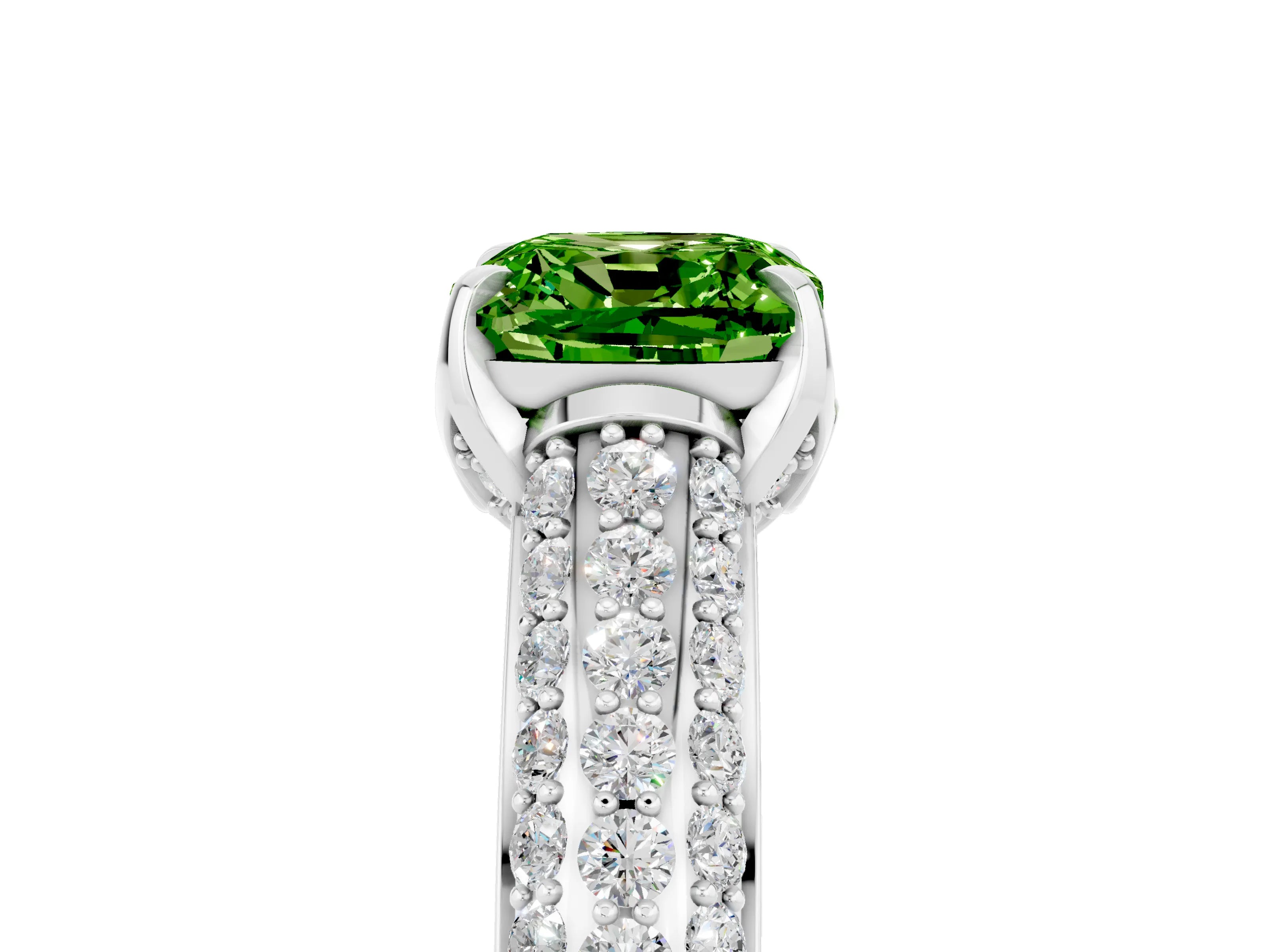 White gold Cushion Cut Peridot Solitaire Ring with Three-Row Pavé Band and Four-Prong Setting_17