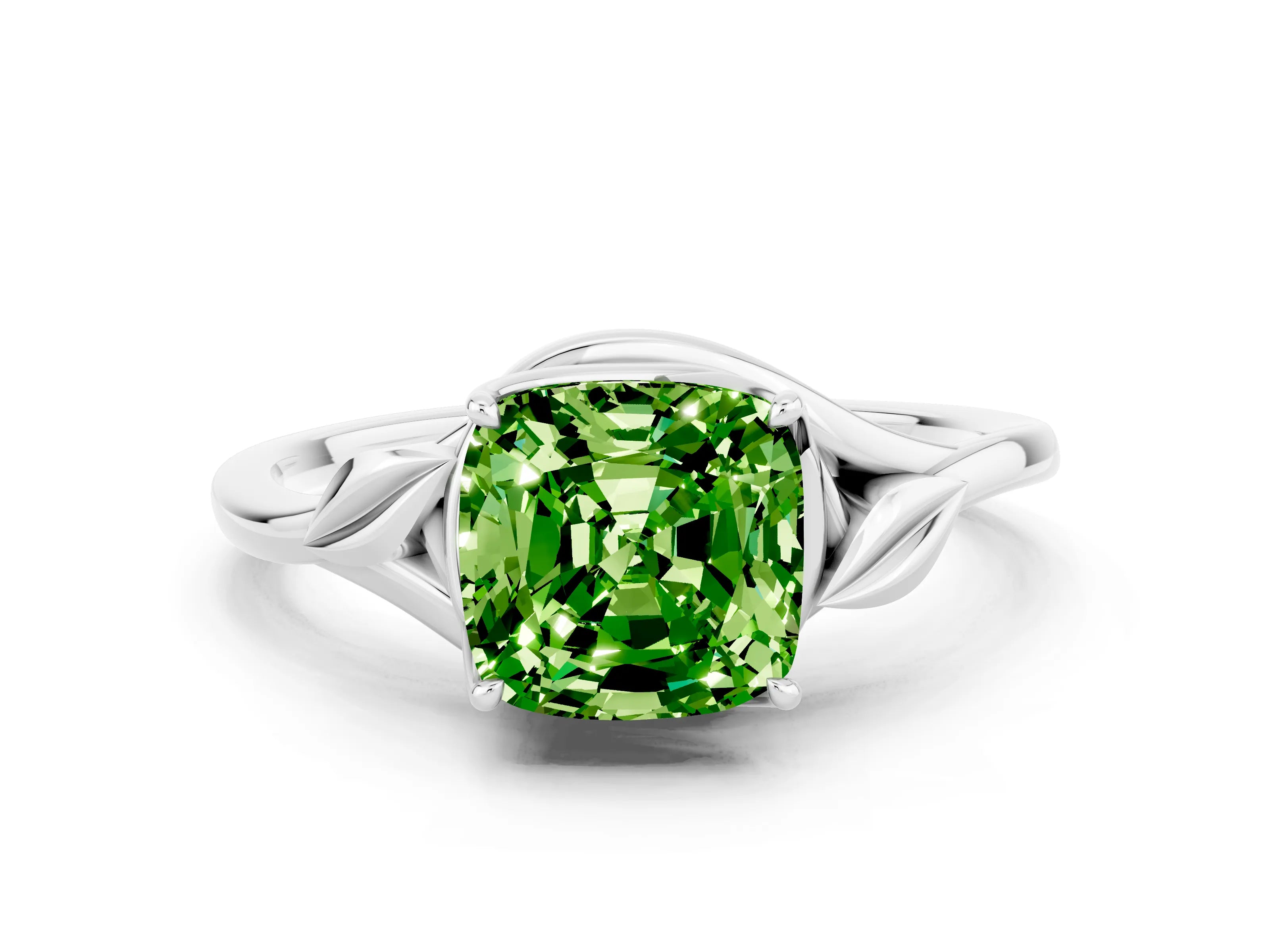 White gold Cushion Cut Peridot Solitaire Ring with Twist Band and Four-Prong Setting_12
