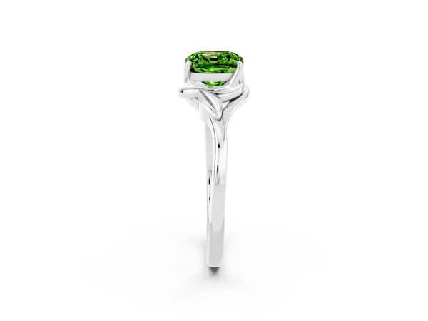 Platinum Cushion Cut Peridot Solitaire Ring with Twist Band and Four-Prong Setting
