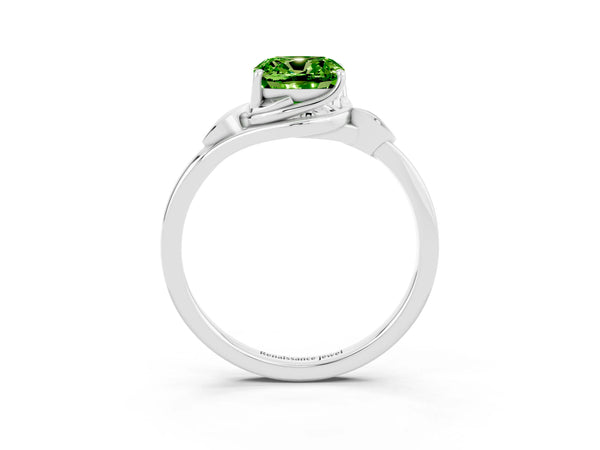 Silver Cushion Cut Peridot Solitaire Ring with Twist Band and Four-Prong Setting