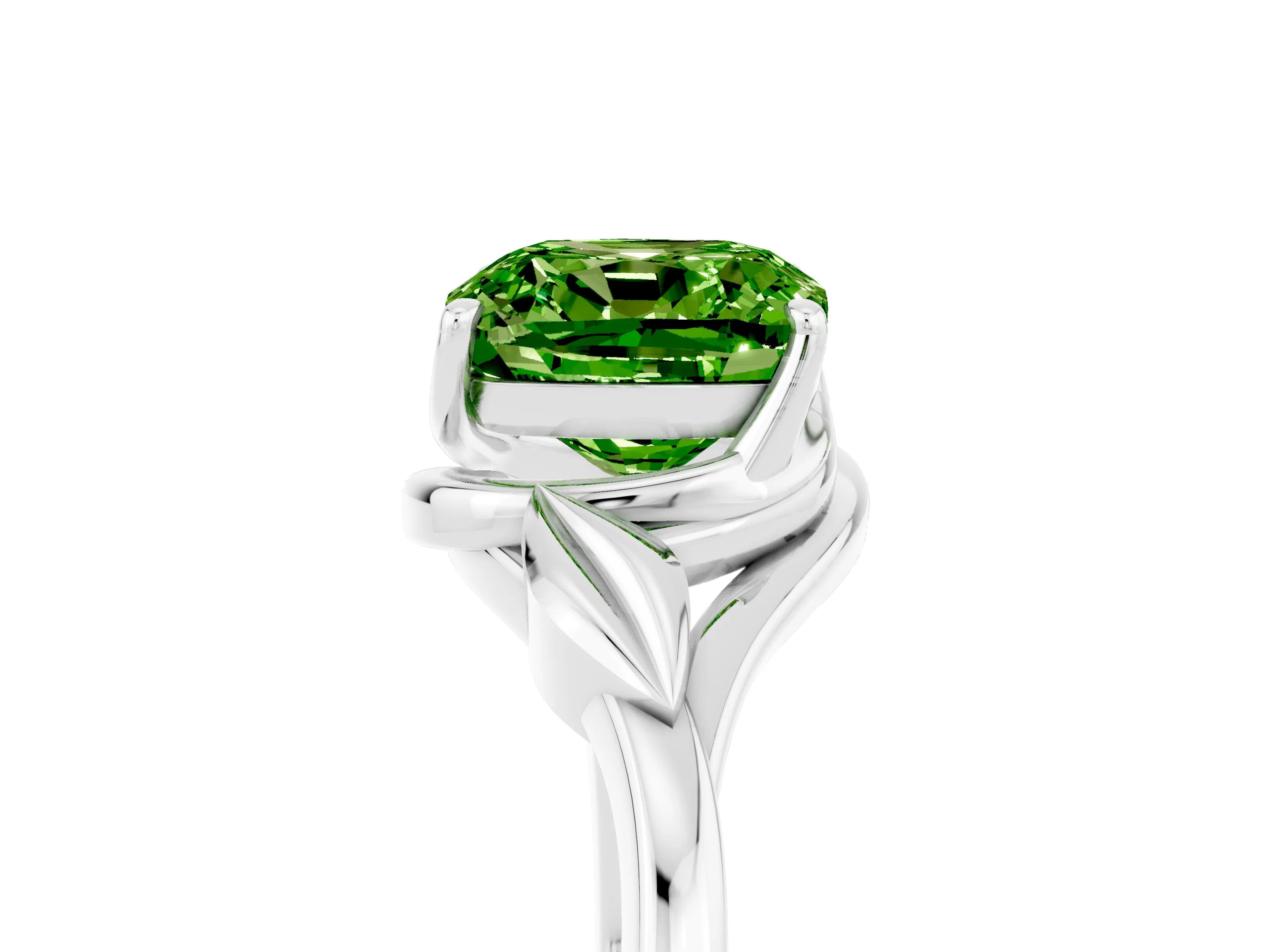 White gold Cushion Cut Peridot Solitaire Ring with Twist Band and Four-Prong Setting_17