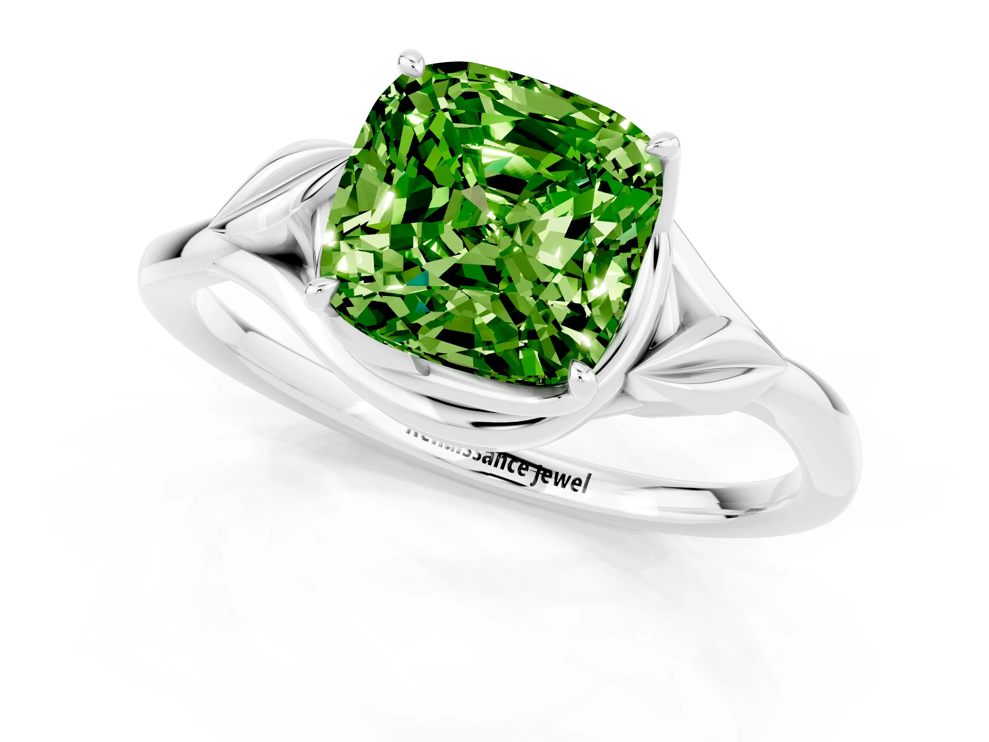 White gold Cushion Cut Peridot Solitaire Ring with Twist Band and Four-Prong Setting_37