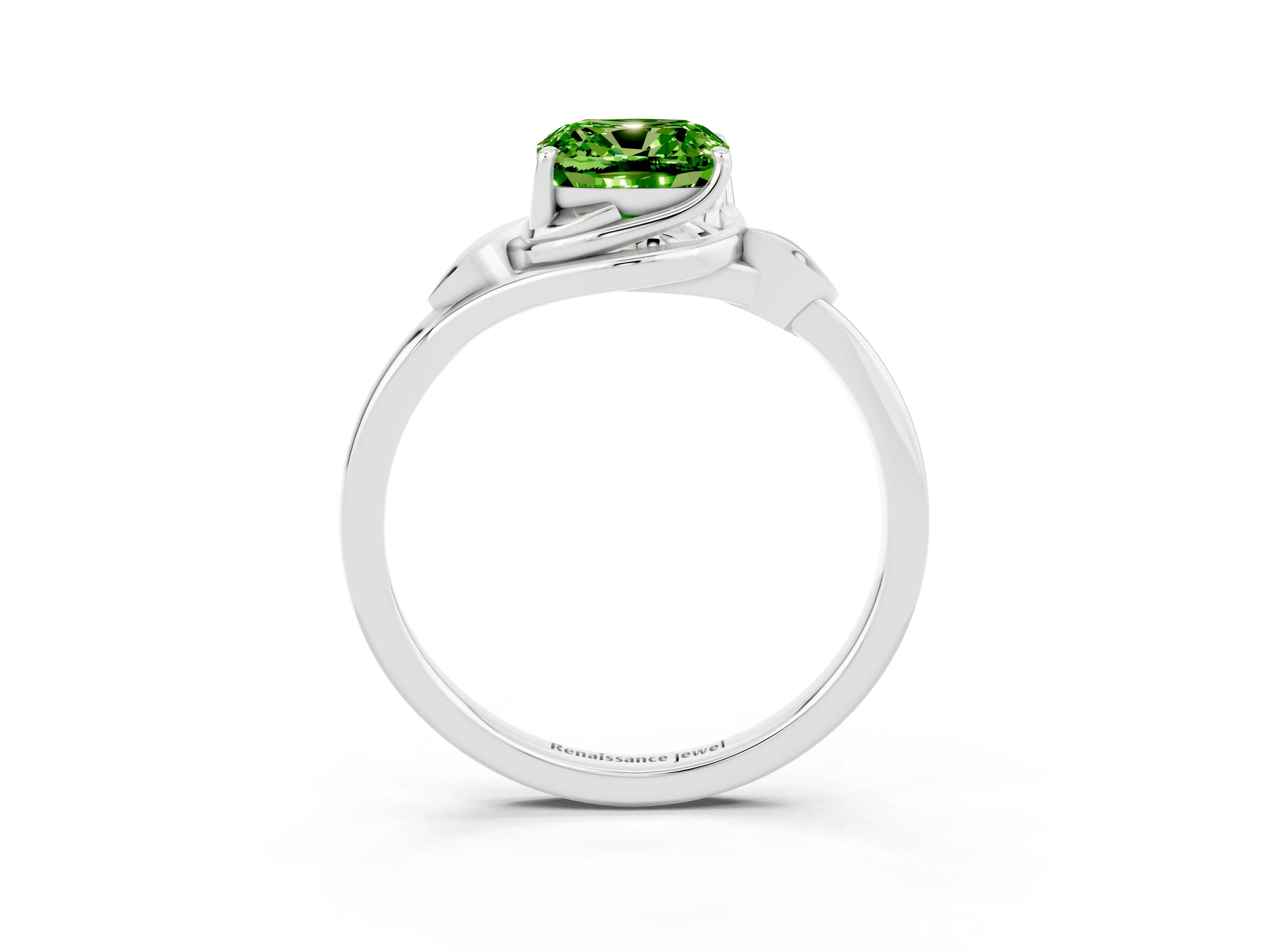 White gold Cushion Cut Peridot Solitaire Ring with Twist Band and Four-Prong Setting_39