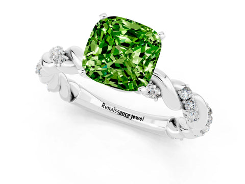 White gold Cushion Cut Peridot Solitaire Ring with Twisted Band and Pavé Accents_1