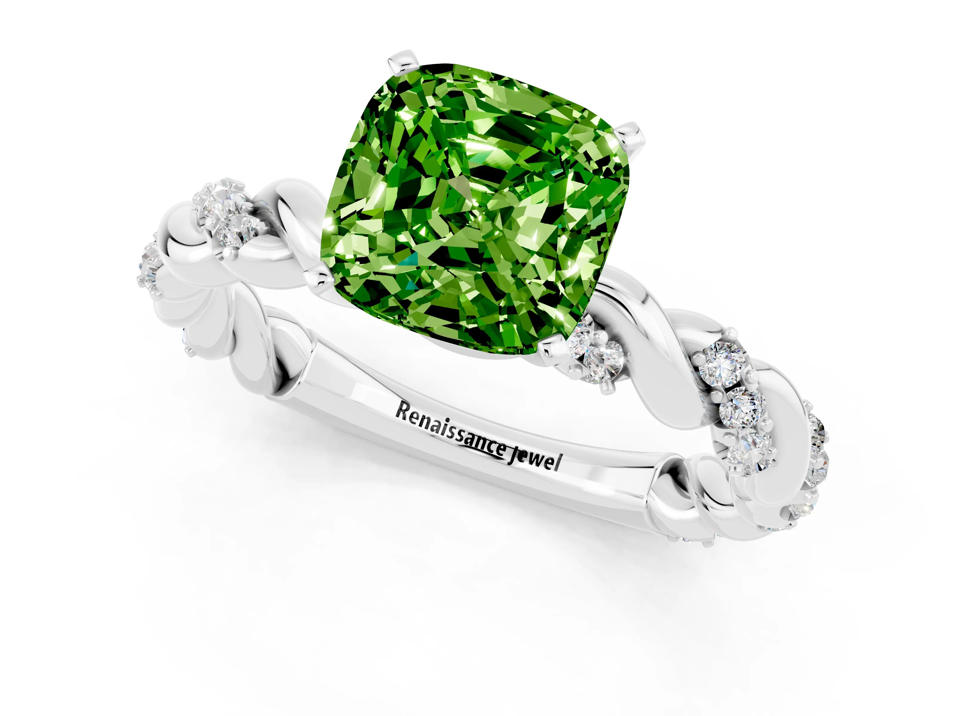 White gold Cushion Cut Peridot Solitaire Ring with Twisted Band and Pavé Accents_1