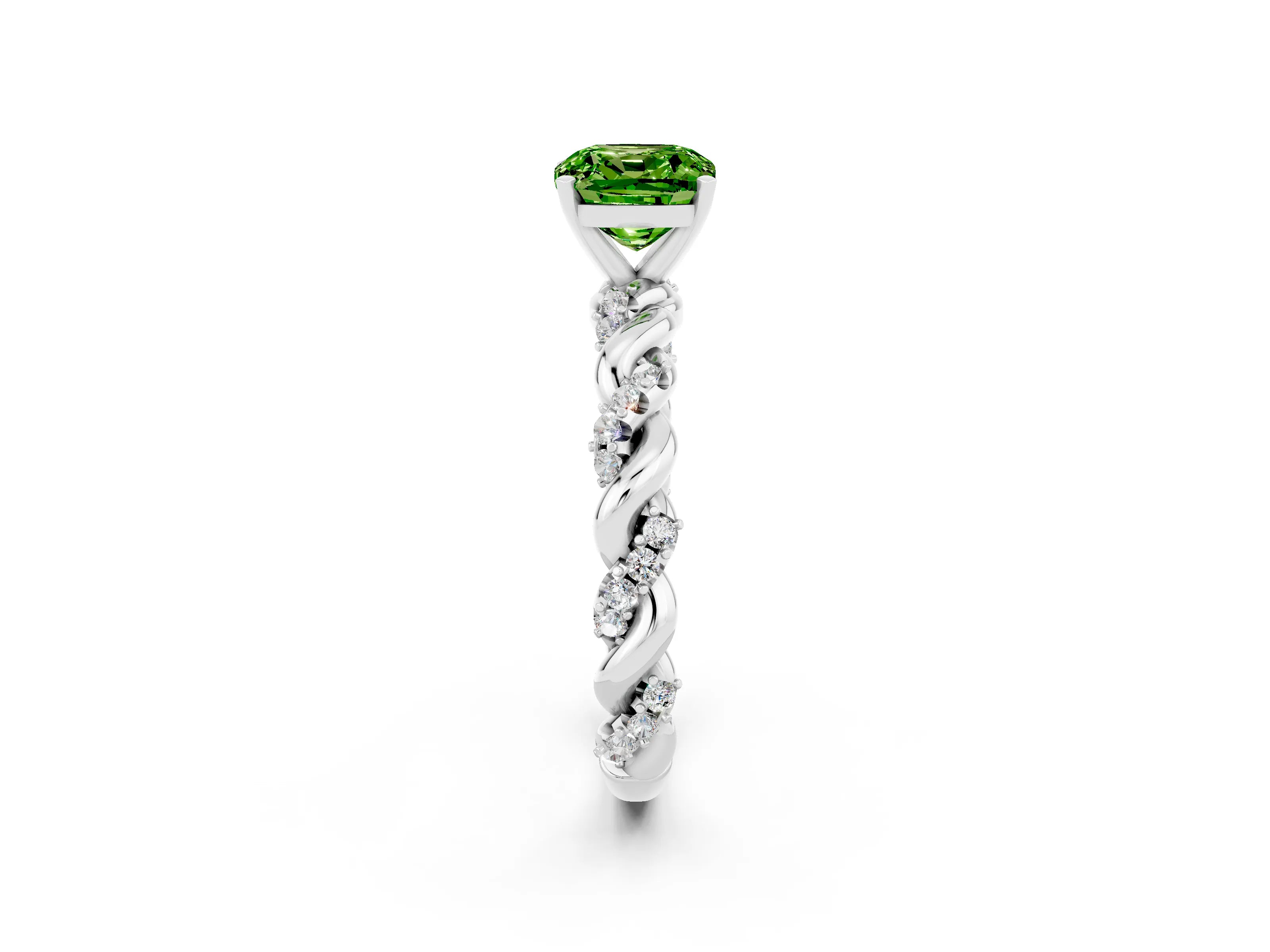 White gold Cushion Cut Peridot Solitaire Ring with Twisted Band and Pavé Accents_2