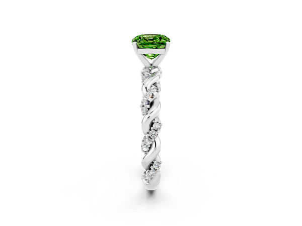 Platinum Cushion Cut Peridot Solitaire Ring with Twisted Band and Pavé Accents