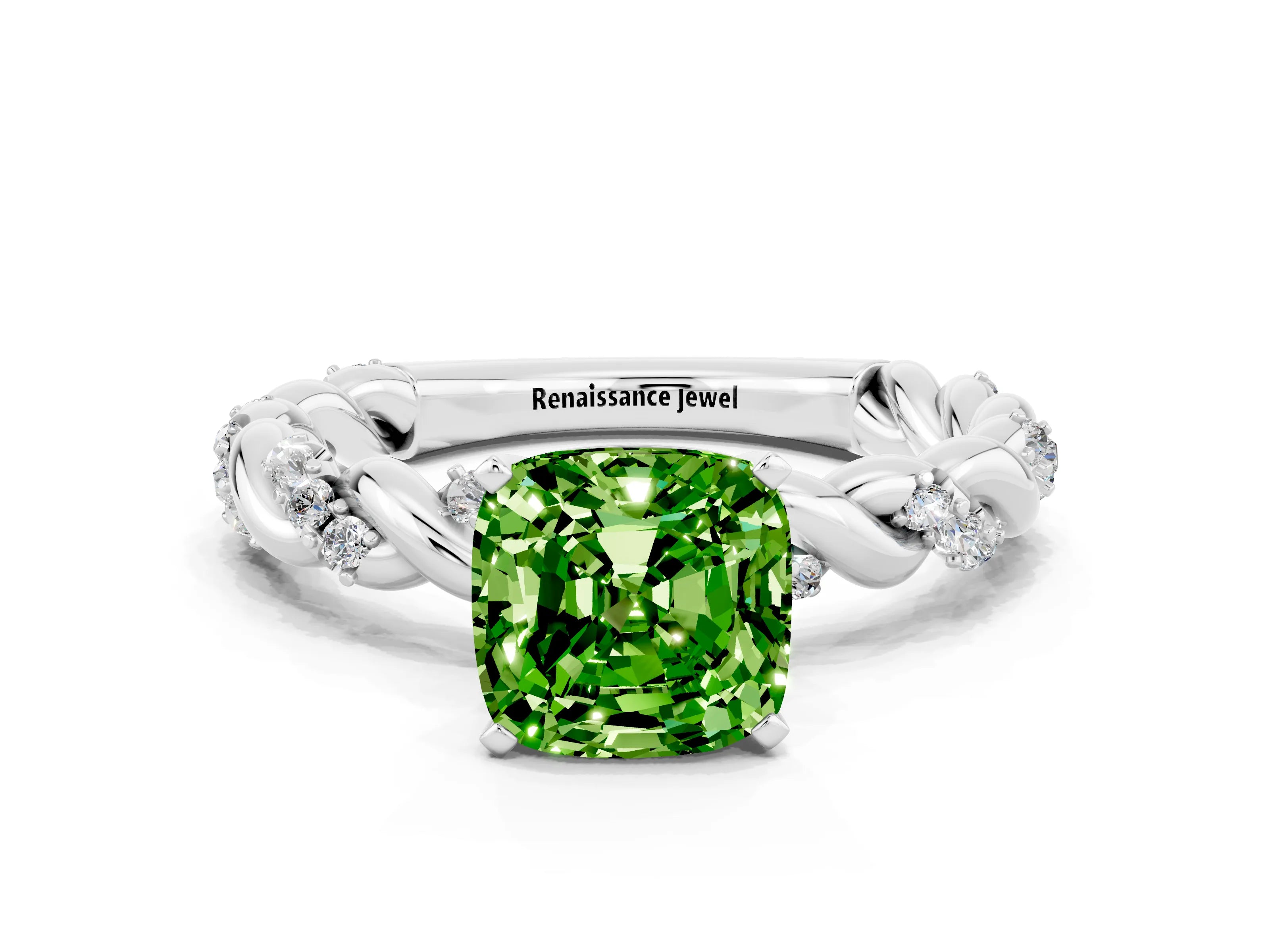 White gold Cushion Cut Peridot Solitaire Ring with Twisted Band and Pavé Accents