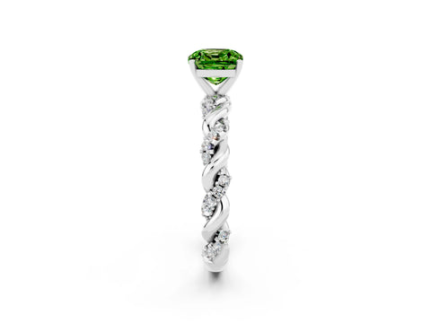 White gold Cushion Cut Peridot Solitaire Ring with Twisted Band and Pavé Accents_2