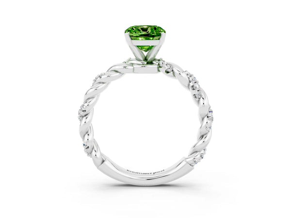 Platinum Cushion Cut Peridot Solitaire Ring with Twisted Band and Pavé Accents