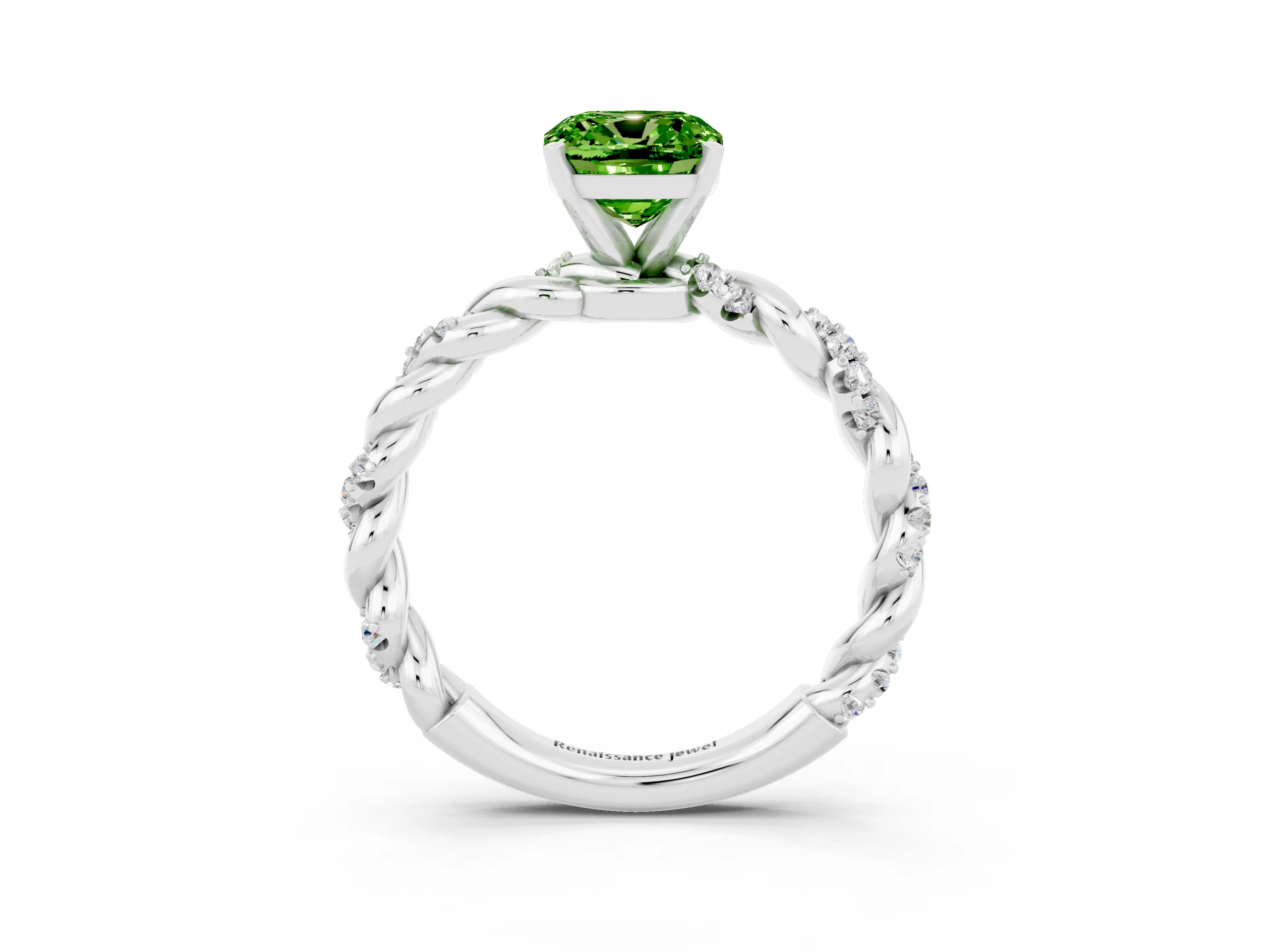 White gold Cushion Cut Peridot Solitaire Ring with Twisted Band and Pavé Accents_3