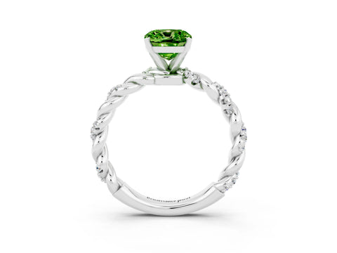 White gold Cushion Cut Peridot Solitaire Ring with Twisted Band and Pavé Accents_3