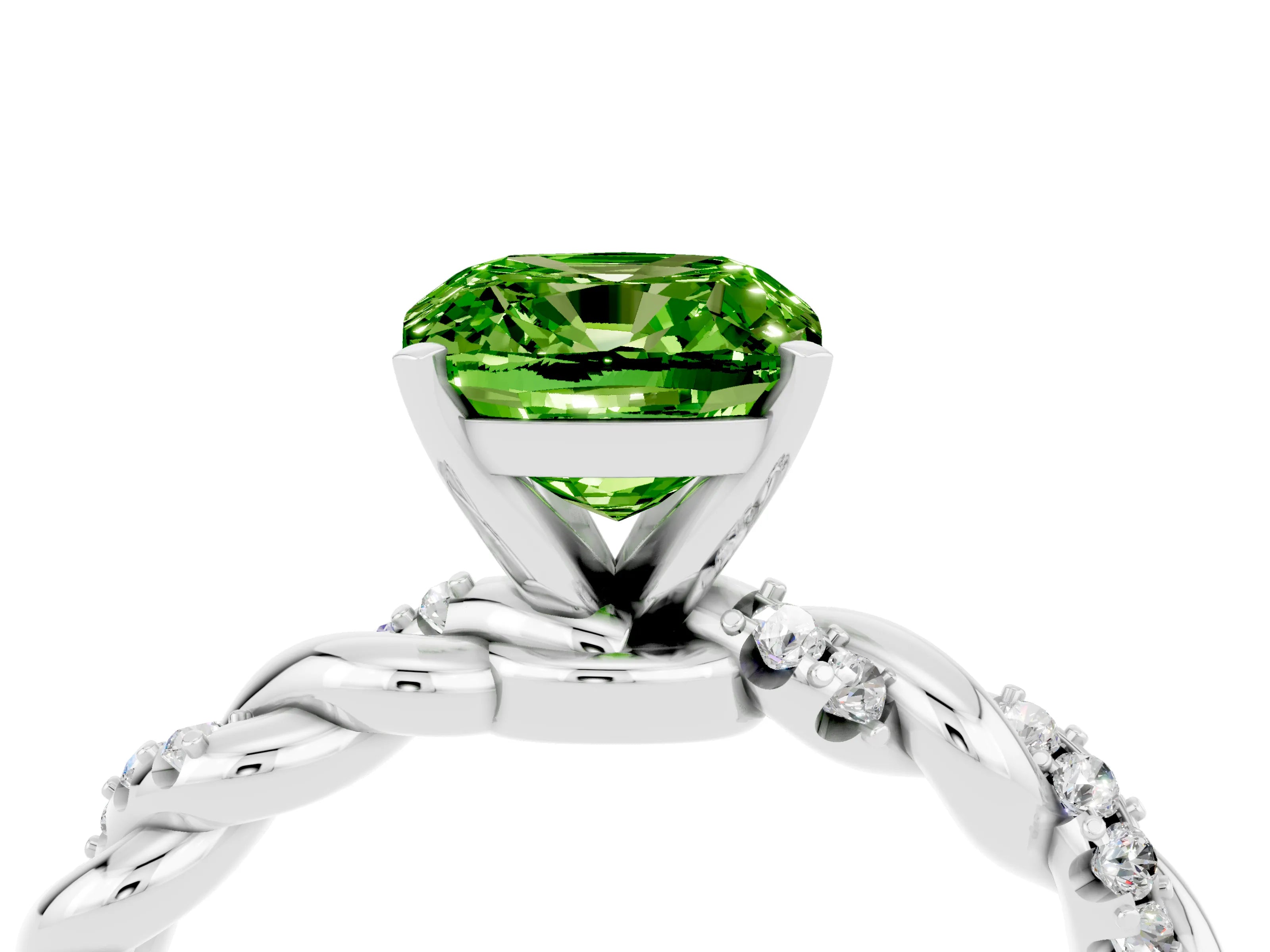 White gold Cushion Cut Peridot Solitaire Ring with Twisted Band and Pavé Accents_4