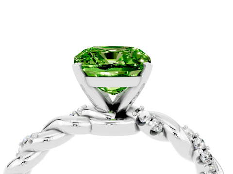 White gold Cushion Cut Peridot Solitaire Ring with Twisted Band and Pavé Accents_4