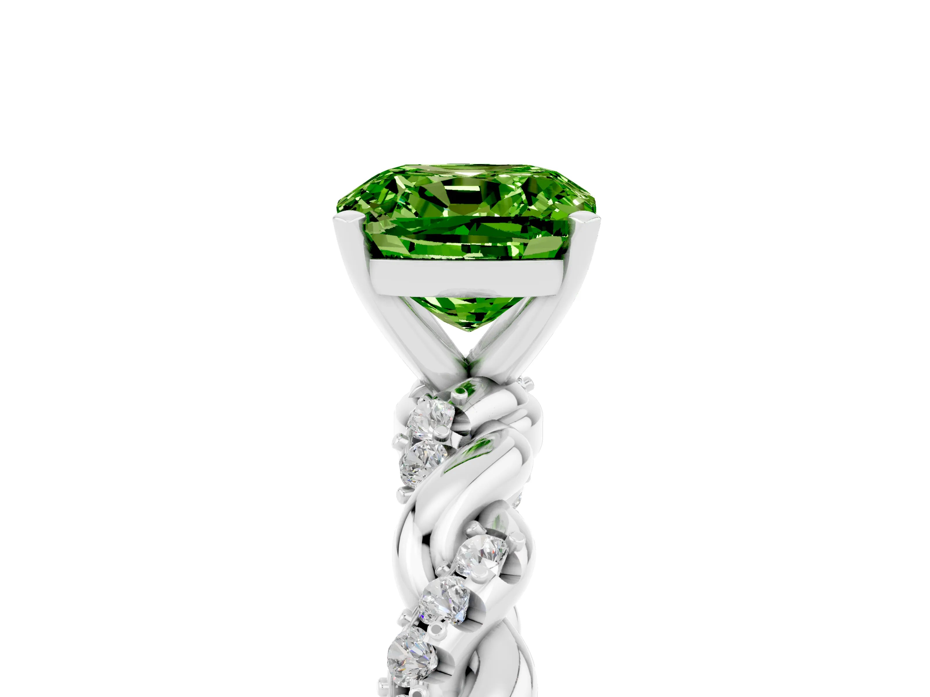 White gold Cushion Cut Peridot Solitaire Ring with Twisted Band and Pavé Accents_5