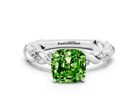 White gold Cushion Cut Peridot Solitaire Ring with Twisted Band and Pavé Accents