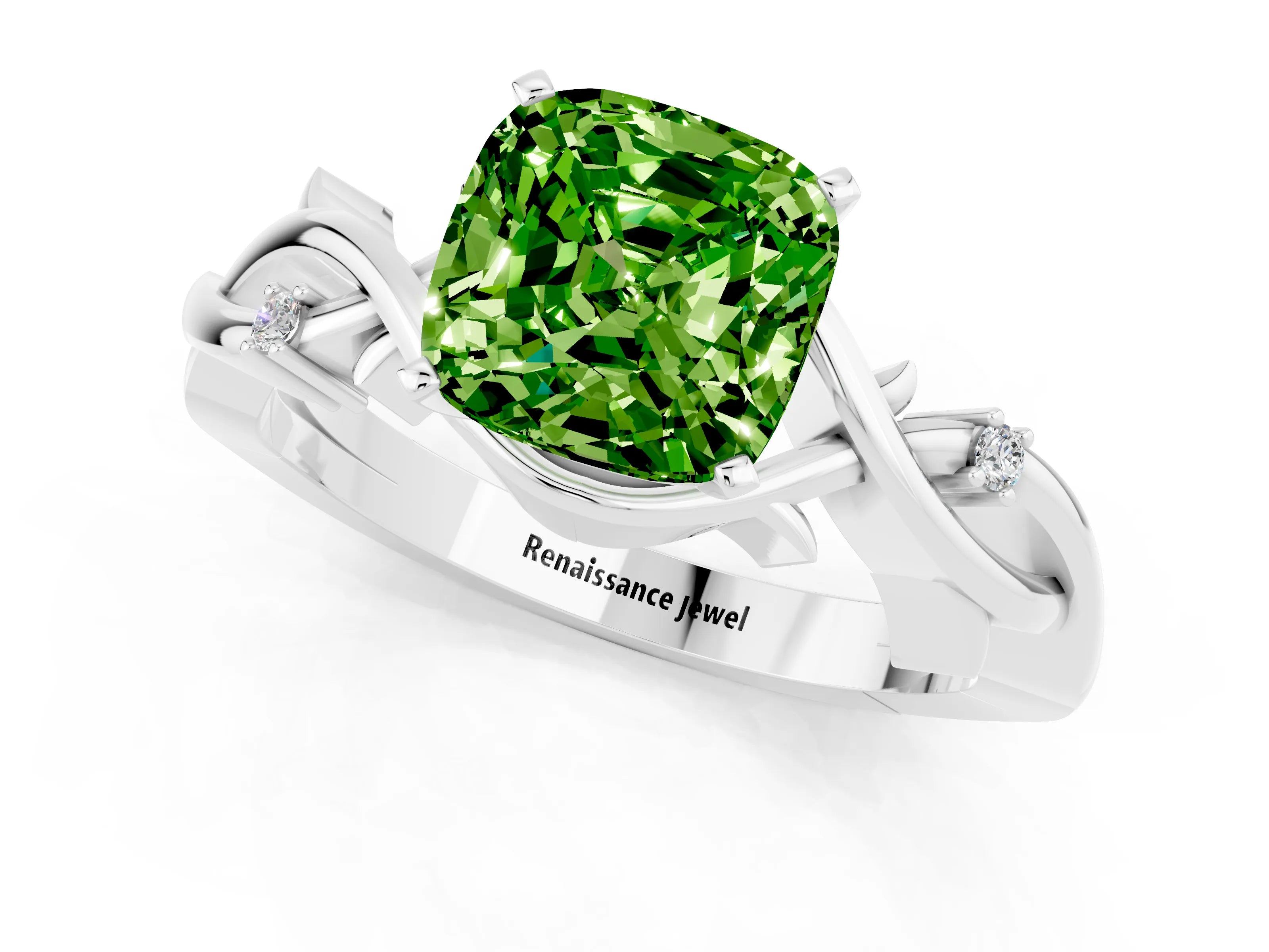 White gold Cushion Cut Peridot Solitaire Ring with Twisted Band and Prong Setting_1