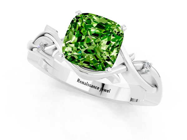 Platinum Cushion Cut Peridot Solitaire Ring with Twisted Band and Prong Setting