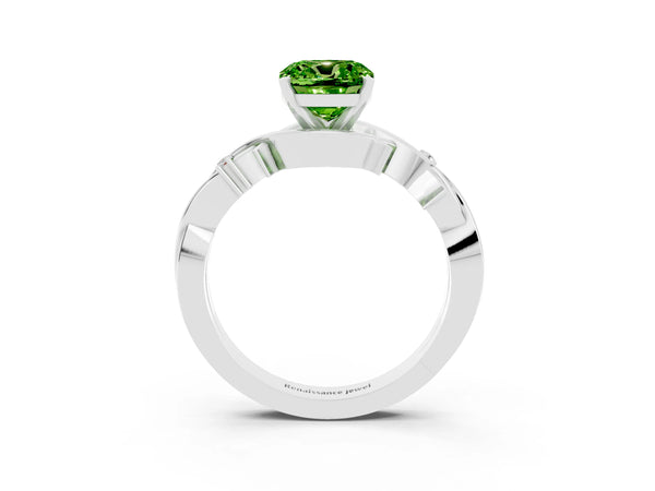 White gold Cushion Cut Peridot Solitaire Ring with Twisted Band and Prong Setting