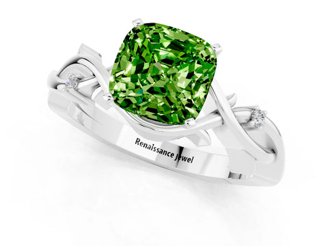 White gold Cushion Cut Peridot Solitaire Ring with Twisted Band and Prong Setting_1