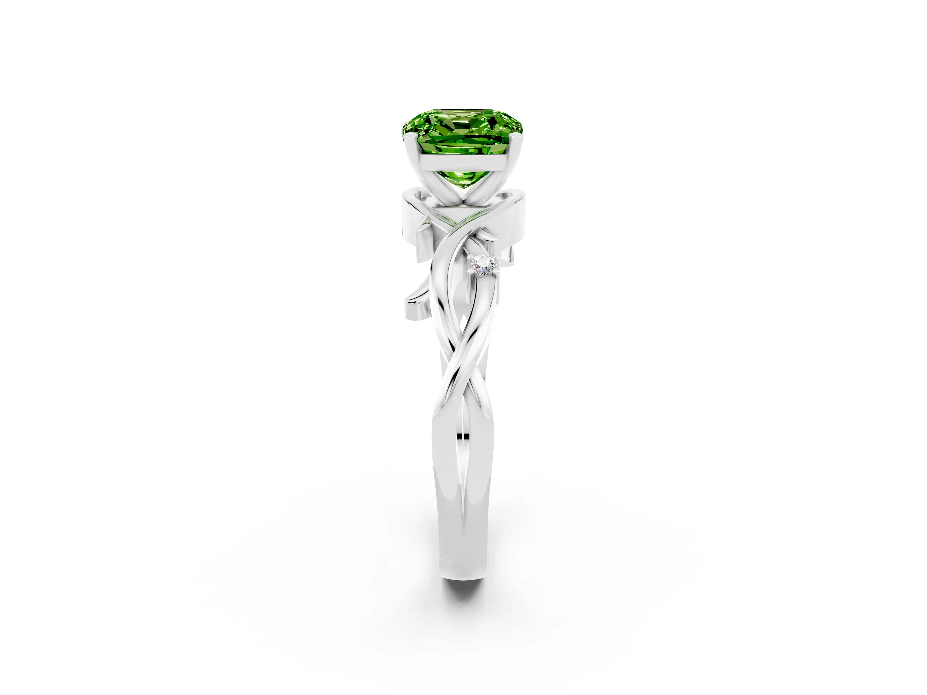 White gold Cushion Cut Peridot Solitaire Ring with Twisted Band and Prong Setting_2