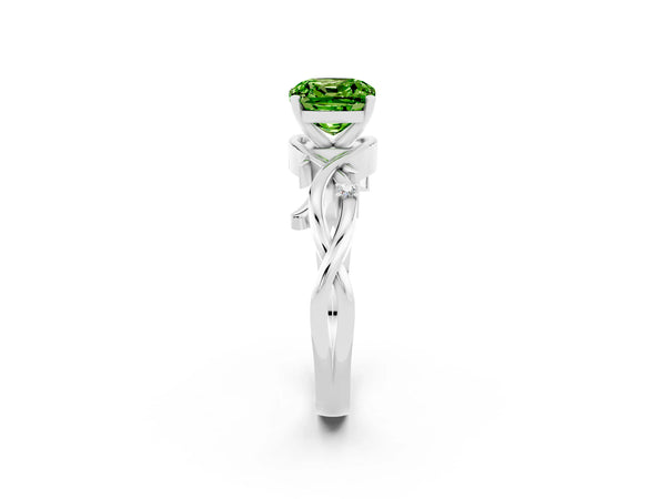 Silver Cushion Cut Peridot Solitaire Ring with Twisted Band and Prong Setting