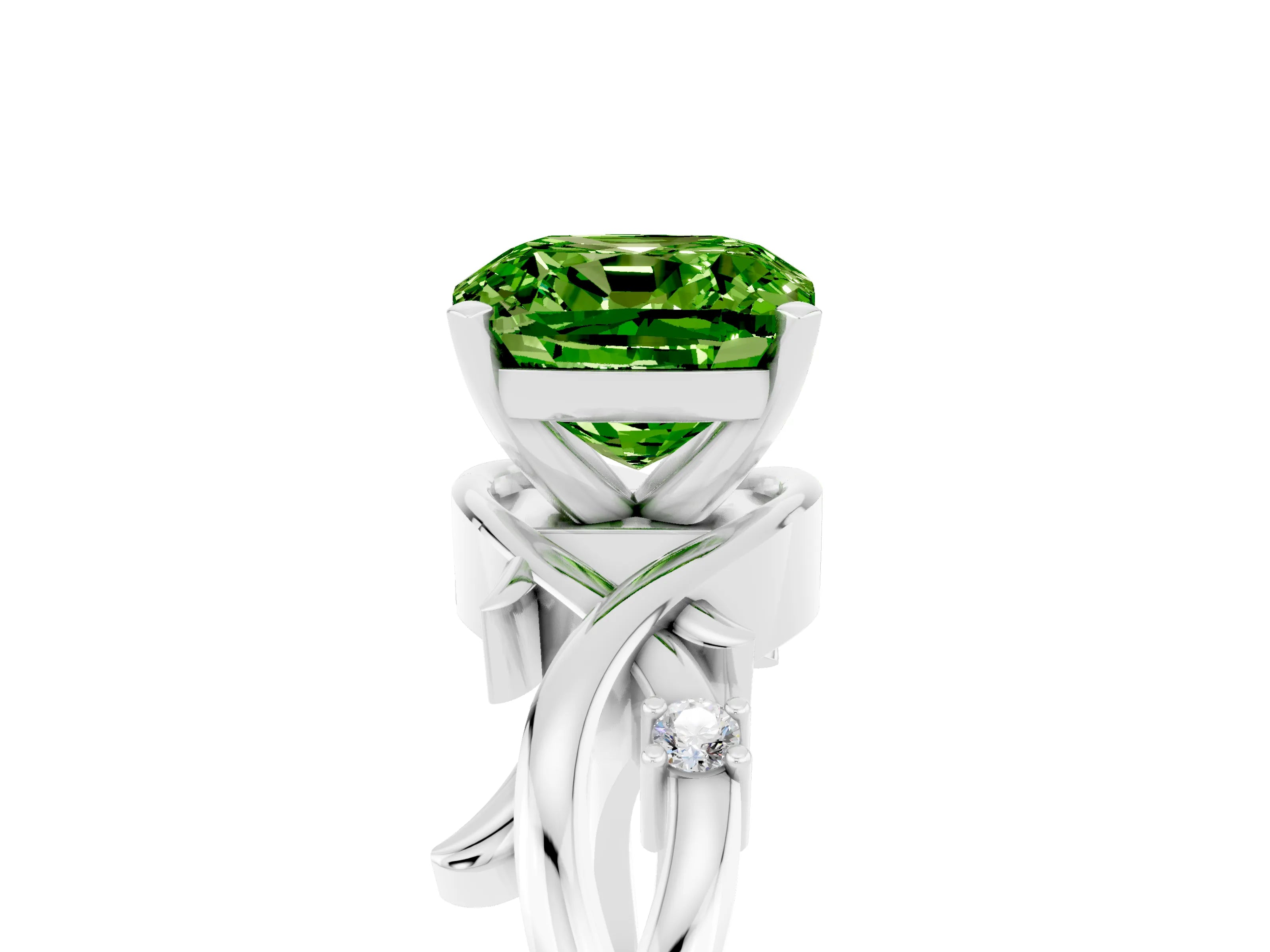 White gold Cushion Cut Peridot Solitaire Ring with Twisted Band and Prong Setting_5