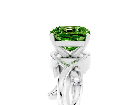 White gold Cushion Cut Peridot Solitaire Ring with Twisted Band and Prong Setting_5