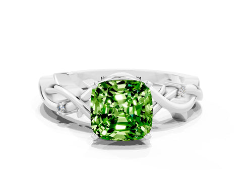 White gold Cushion Cut Peridot Solitaire Ring with Twisted Band and Prong Setting