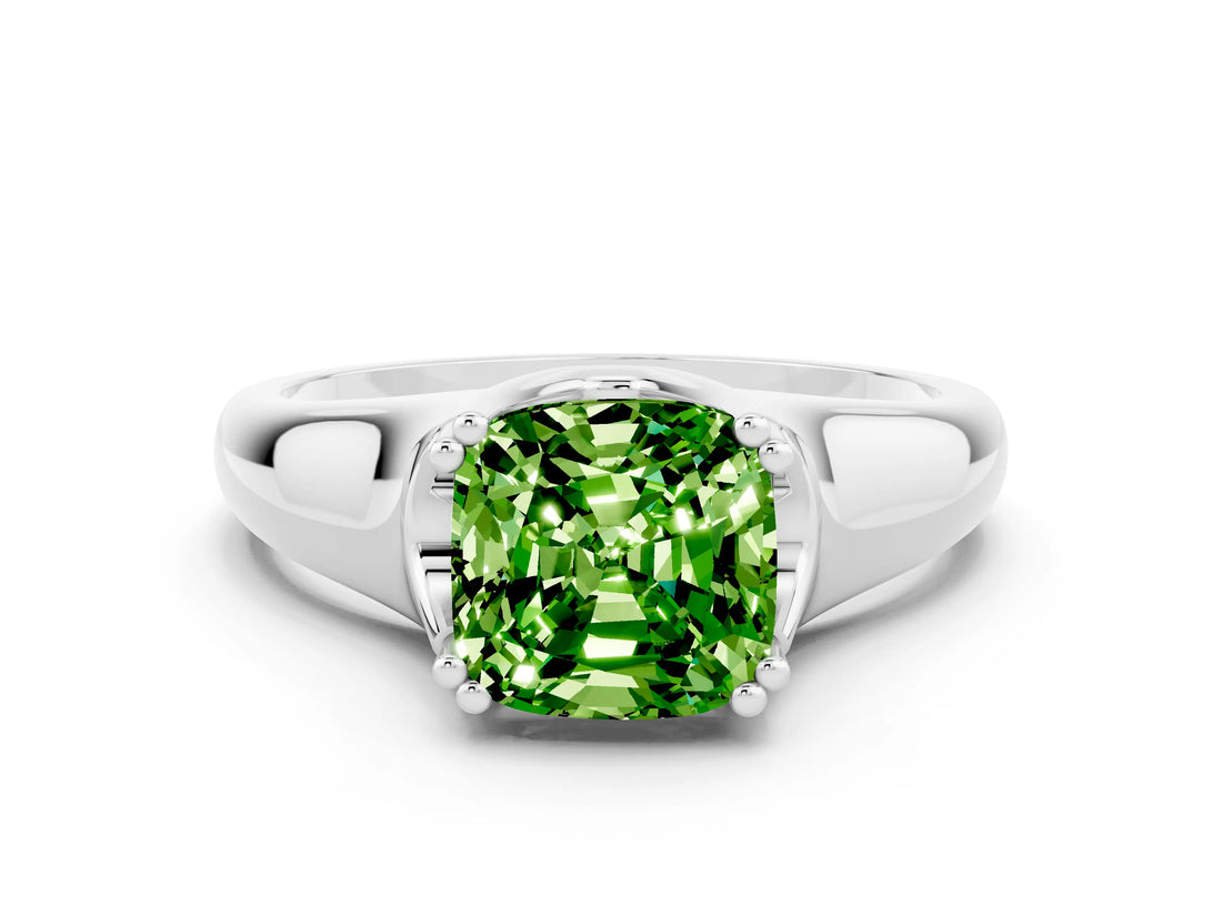 White gold Cushion Cut Peridot Solitaire Ring with Wide Band and Prong Setting