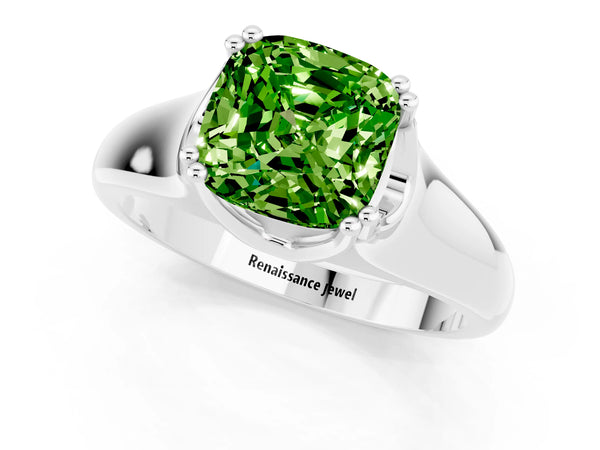 Silver Cushion Cut Peridot Solitaire Ring with Wide Band and Prong Setting