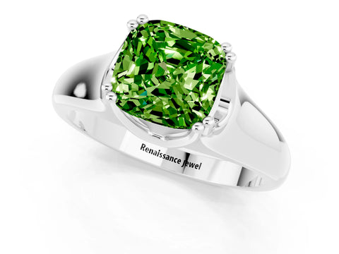 White gold Cushion Cut Peridot Solitaire Ring with Wide Band and Prong Setting_1