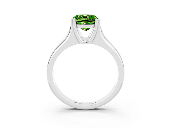 Silver Cushion Cut Peridot Solitaire Ring with Wide Band and Prong Setting