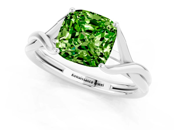 White gold Cushion Cut Peridot Solitaire Twist Band Prong Setting Ring