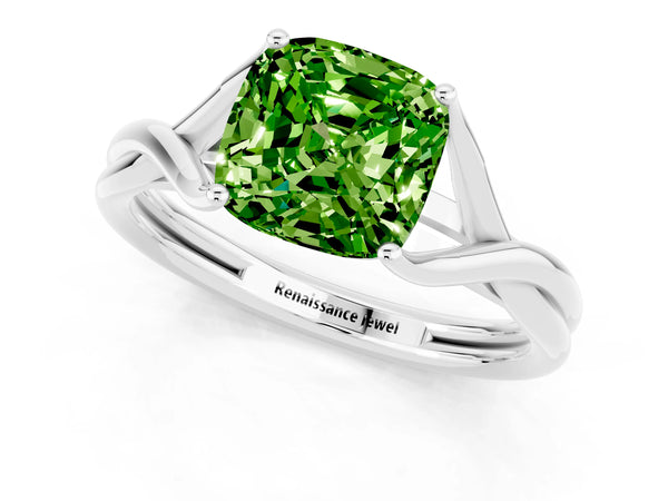 Platinum Cushion Cut Peridot Solitaire Twist Band Prong Setting Ring