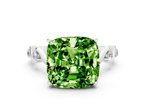 White gold Cushion Cut Peridot Solitaire Twisted Band with Round  Accents and Prong Setting